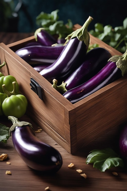 a wooden box of eggplant is on a table