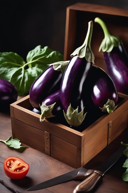 a wooden box of eggplant is on a table