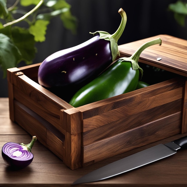 Photo a wooden box of eggplant is on a table