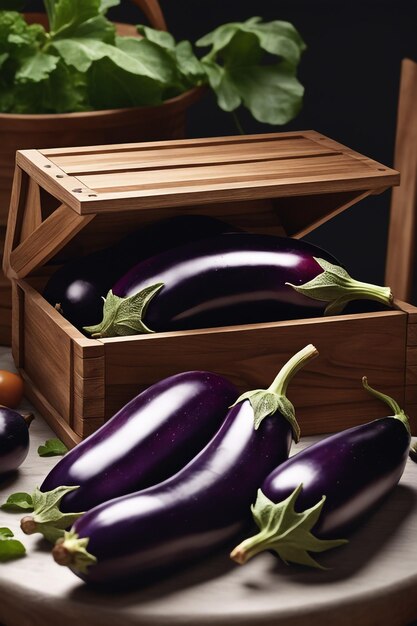 a wooden box of eggplant is on a table