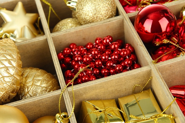 Wooden box filled with christmas decorations background