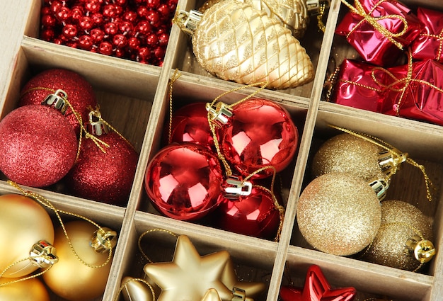 Wooden box filled with christmas decorations background