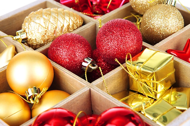 Wooden box filled with christmas decorations background