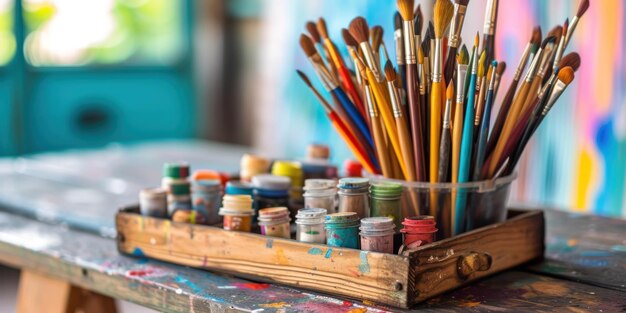 Wooden Box Filled With Paint and Brushes