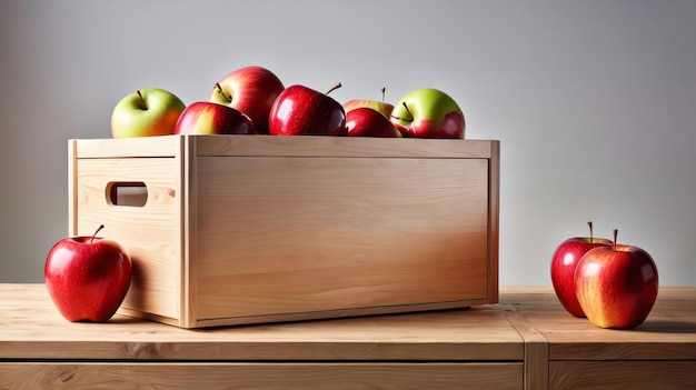 Foto scatola di legno piena di mele rosse e verdi