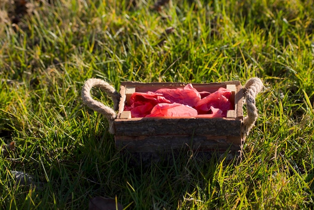 Wooden box filled with red wrapping paper