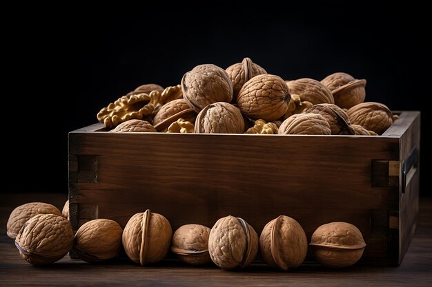Фото Деревянная коробка, наполненная грецкими орехами