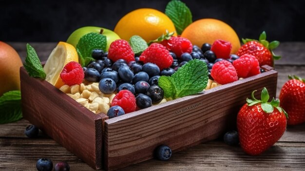 A wooden box of fruit on a table