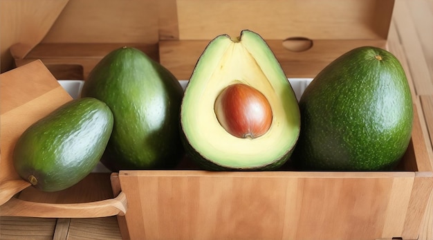 A wooden box full of avocados by Generative AI