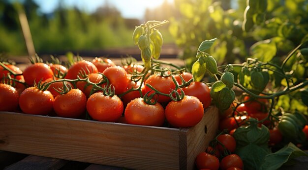 a wooden box full of tomatoes in the garden