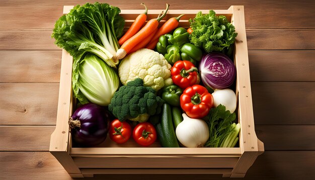 Foto una scatola di legno piena di verdure tra cui broccoli, carote, lattuga e pomodori