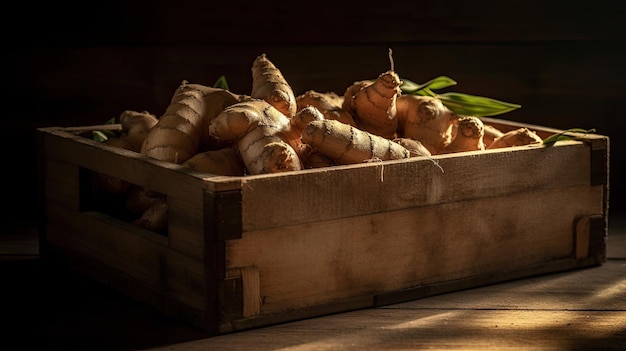 A wooden box of ginger with a green leaf on the top.