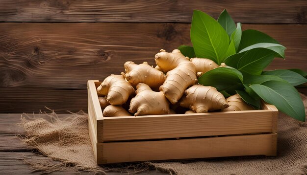 Photo a wooden box of ginger with leaves and green leaves