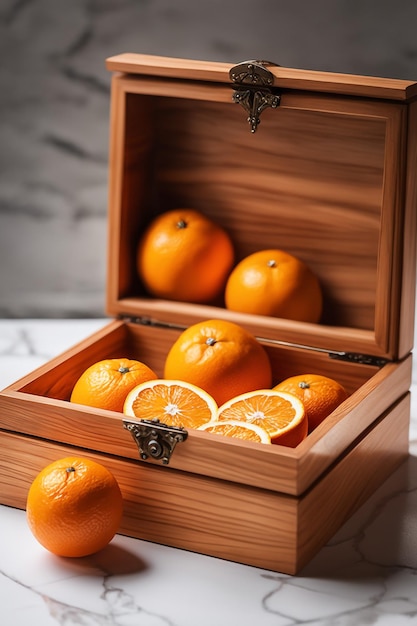 写真 オレンジフルーツの木製の箱