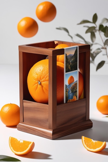 Фото Деревянная коробка с апельсиновыми фруктами в коробке