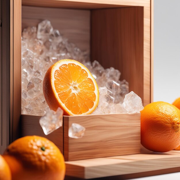 Photo wooden box of orange fruits in box