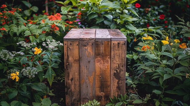 Wooden Box Overflowing With Flowers in Garden