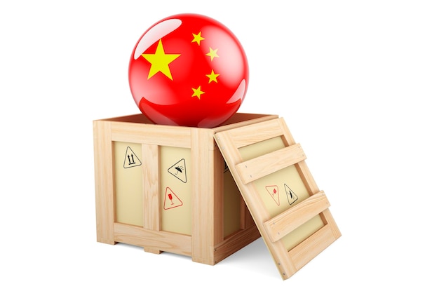 Wooden box parcel with Chinese flag Shipping and delivery in China concept 3D rendering isolated on white background