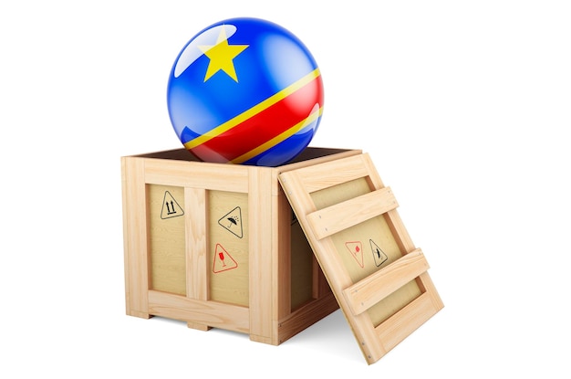 Wooden box parcel with Congolese Democratic Republic flag Shipping and delivery in Democratic Republic of the Congo concept 3D rendering isolated on white background