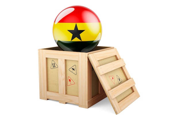 Wooden box parcel with Ghanaian flag Shipping and delivery in Ghana concept 3D rendering isolated on white background