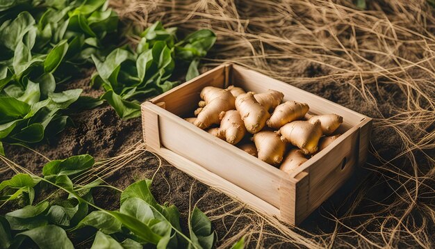 a wooden box of potatoes with the price of a pig