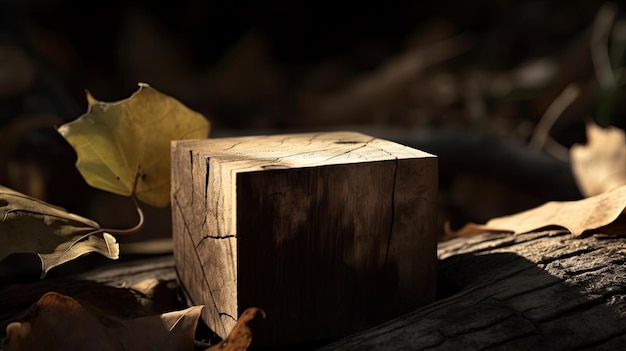 A wooden box sits on a pile of leaves and the word " the " in the middle "