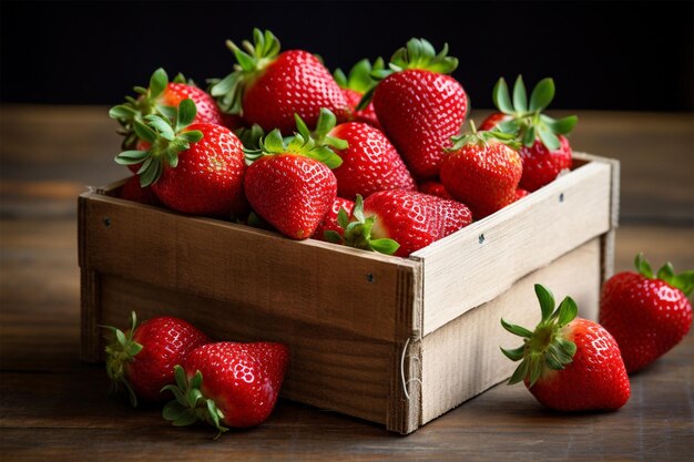 A wooden box of strawberries sits on a table.