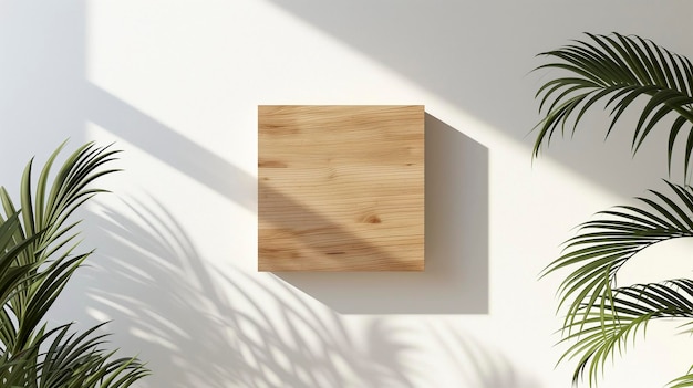 a wooden box on a wall with a palm tree in the corner