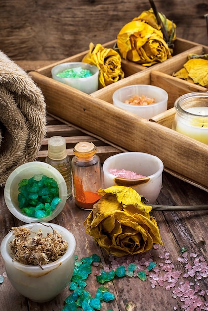 Wooden box with accessories for Spa treatments