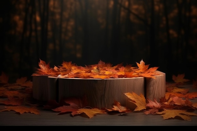A wooden box with autumn leaves on it is surrounded by a forest.