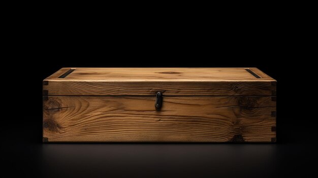 a wooden box with a black handle sits on a black background.