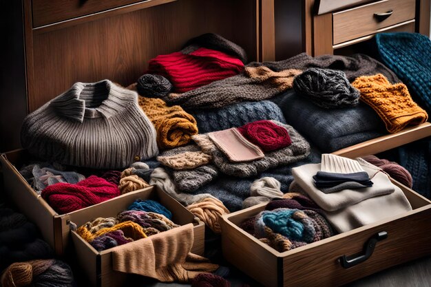 Photo a wooden box with a box of clothes in it that says  wool