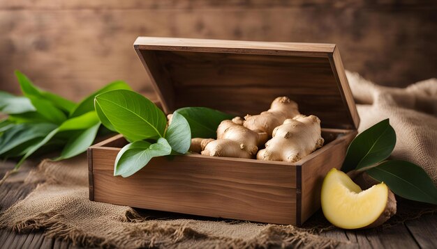 Photo a wooden box with a bunch of ginger in it and a banana in the background