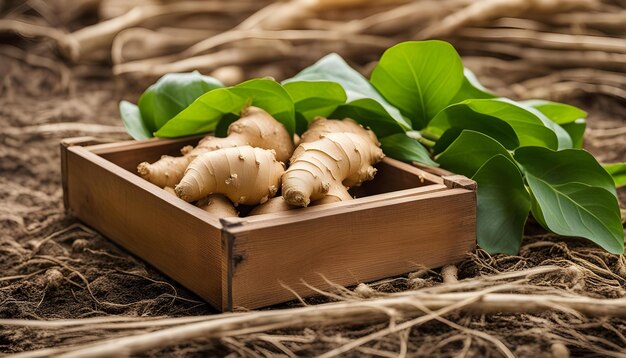 Photo a wooden box with a bunch of ginger in it