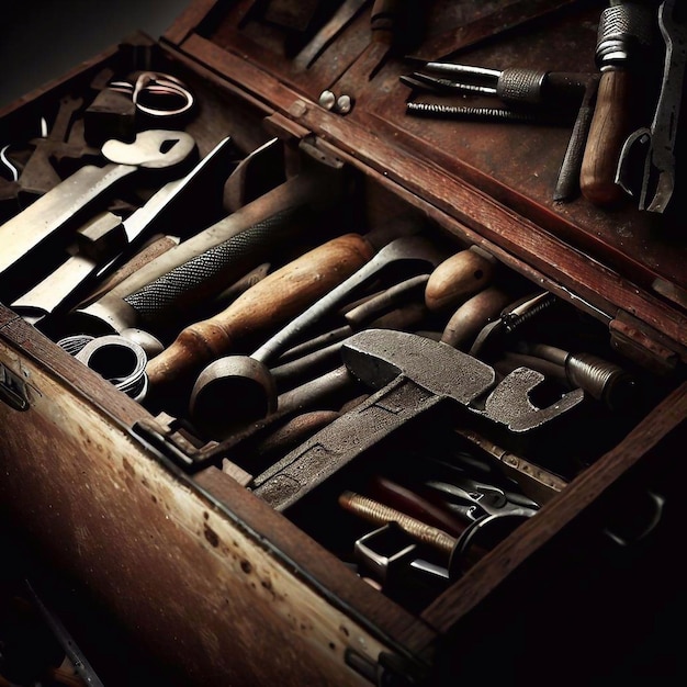 A wooden box with a bunch of tools inside of it