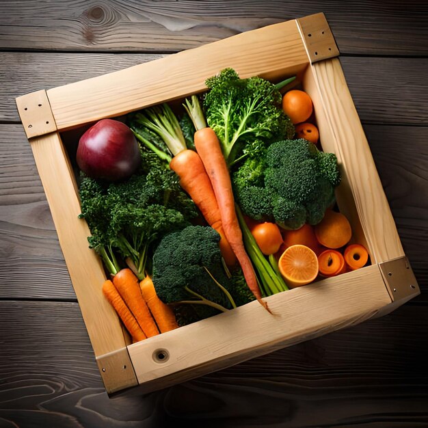 A wooden box with a bunch of vegetables in it