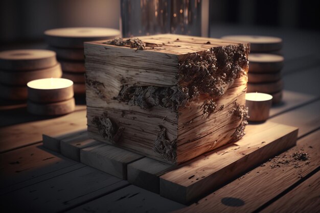 A wooden box with a candle in the middle