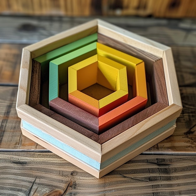 Foto una scatola di legno con una scatola colorata che ha un quadrato all'interno