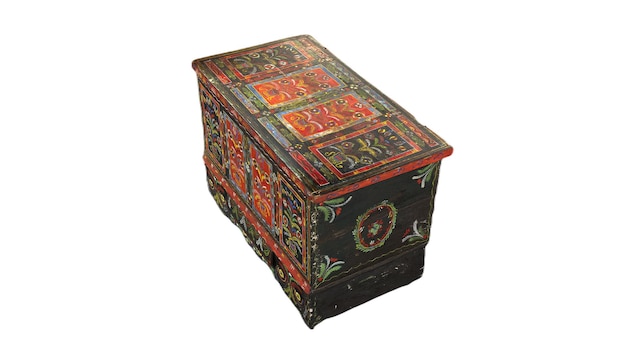 A wooden box with a colorful pattern on the front.