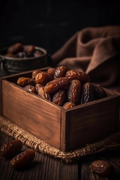 A wooden box with dates and a cup of tea