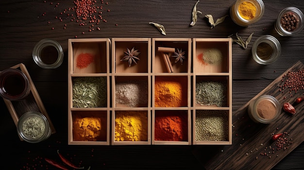 A wooden box with different spices in it