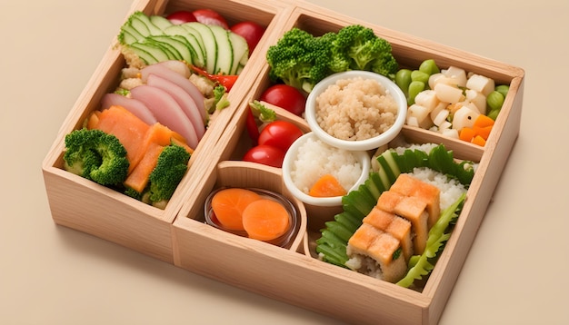 a wooden box with different types of food in it