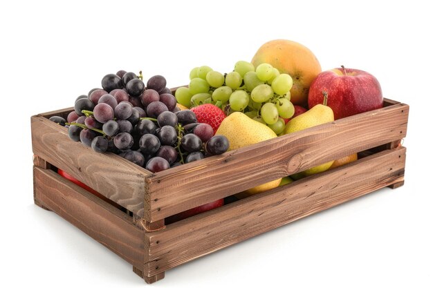 Photo wooden box with fresh fruits isolated on solid white background