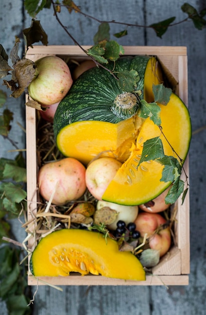 Wooden box with fresh pumpkin and apples