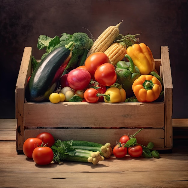 Wooden box with fresh vegetables Harvest vegetables closeup on a wooden background