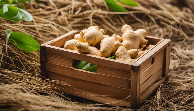 Photo a wooden box with garlic in it and a green leaf