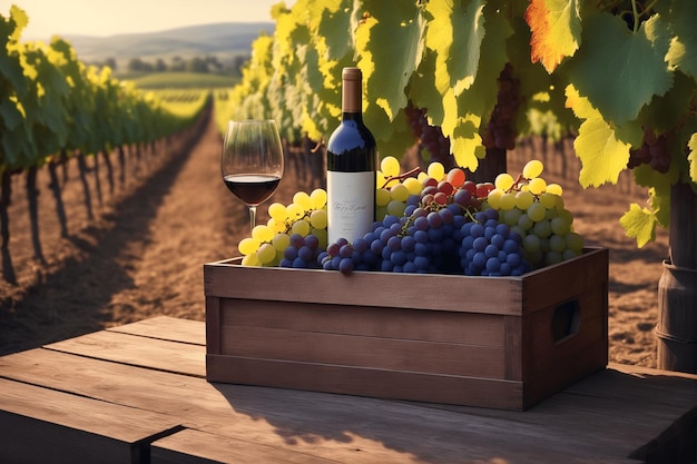 A wooden box with grapes and a bottle of wine stands on a table in the vineyard