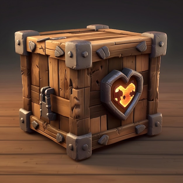 A wooden box with a heart and a lock on it.