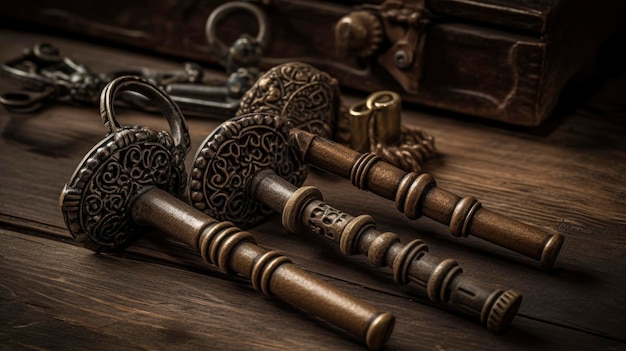 A wooden box with a key on it