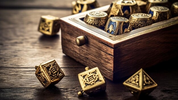 A wooden box with the letters g and g on it sits on a wooden table.